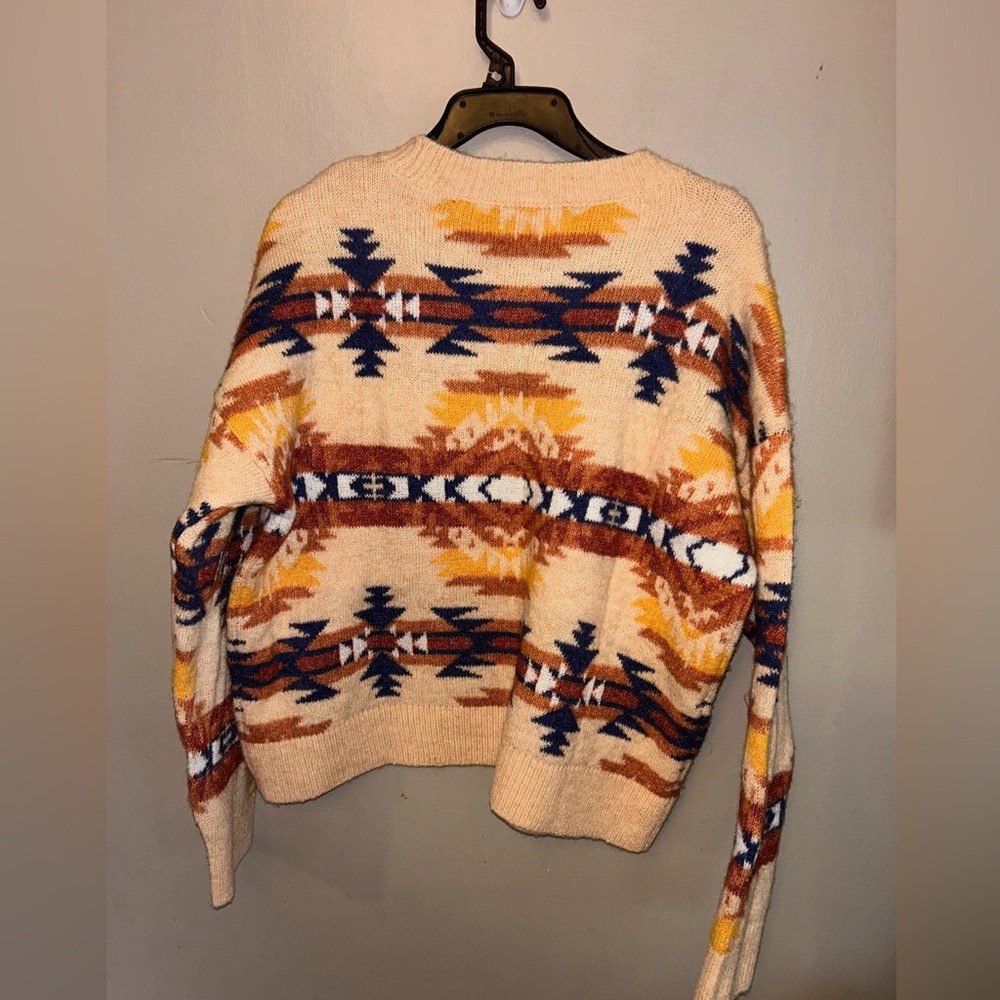 Lucky Brand Aztec Print Cream and Blue Crewneck Sweater - Picture 5 of 9
